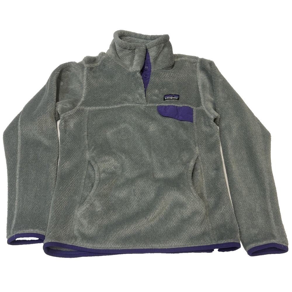 Patagonia Re-Tool Snap T Pullover Sweater Womens M Gray Purple Fleece Pocket EUC